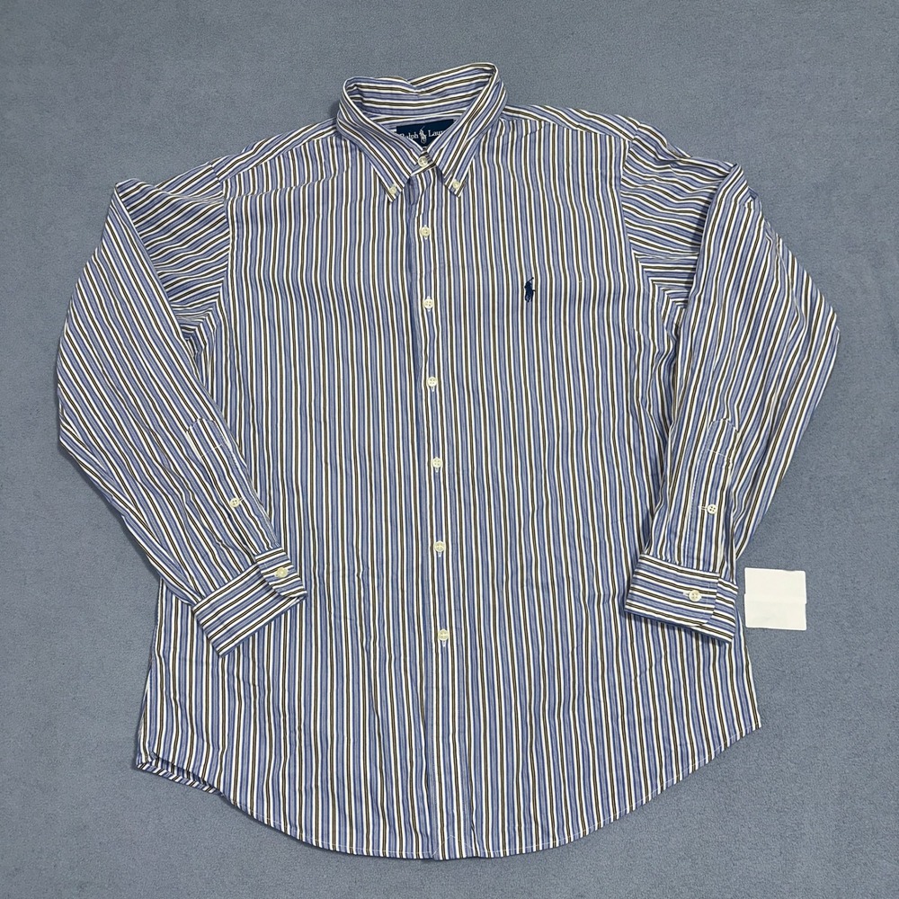 Ralph Lauren Custom Fit Striped Button Down Shirt Blue White Yellow Mens Size L